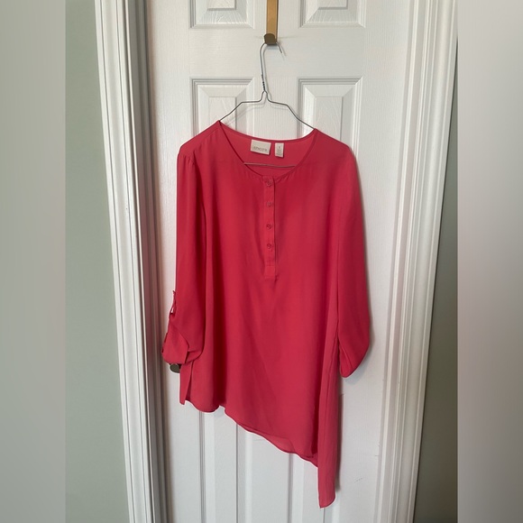 Chico's Tops - Chicos Tunic Asymmetrical Hem Roll-tab Sleeve 1/4 Button